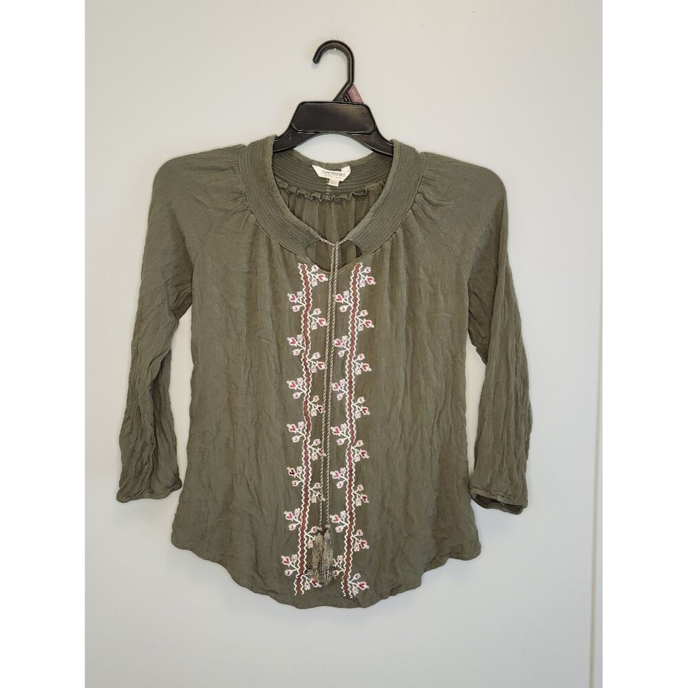 Tantrums Olive Embroidered Peasant Top with Tie Detail Size Large